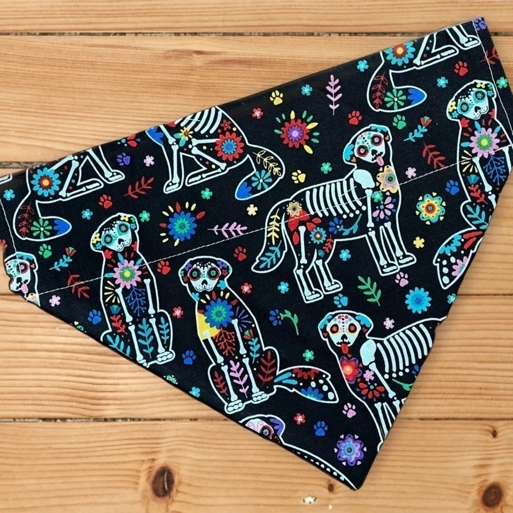 Halloween Dog Skeleton Handmade Reversible Over Collar Dog Bandana XS SM M La…